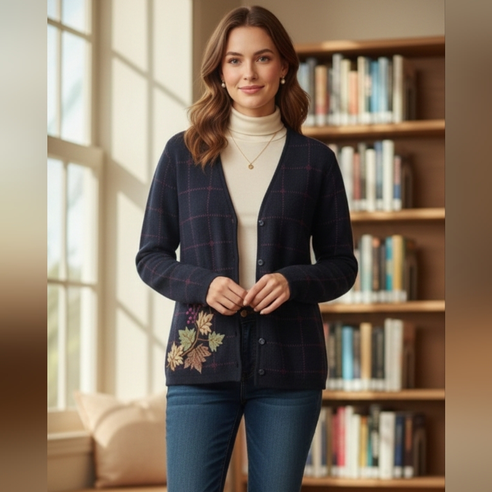 Vintage Embroidered Black Sweater with Leaf Accents